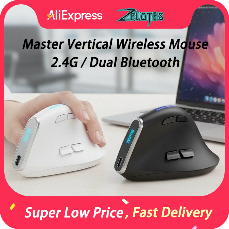 Vertical Mouse Left Handed - ZELOTES F36 เมาส์ไร้สายแนวตั้งเมาส์บลูทูธ 8 ปุ่มชาร์จโปรแกรมได้เมาส์สำหรับเล่นเกม 2.4G