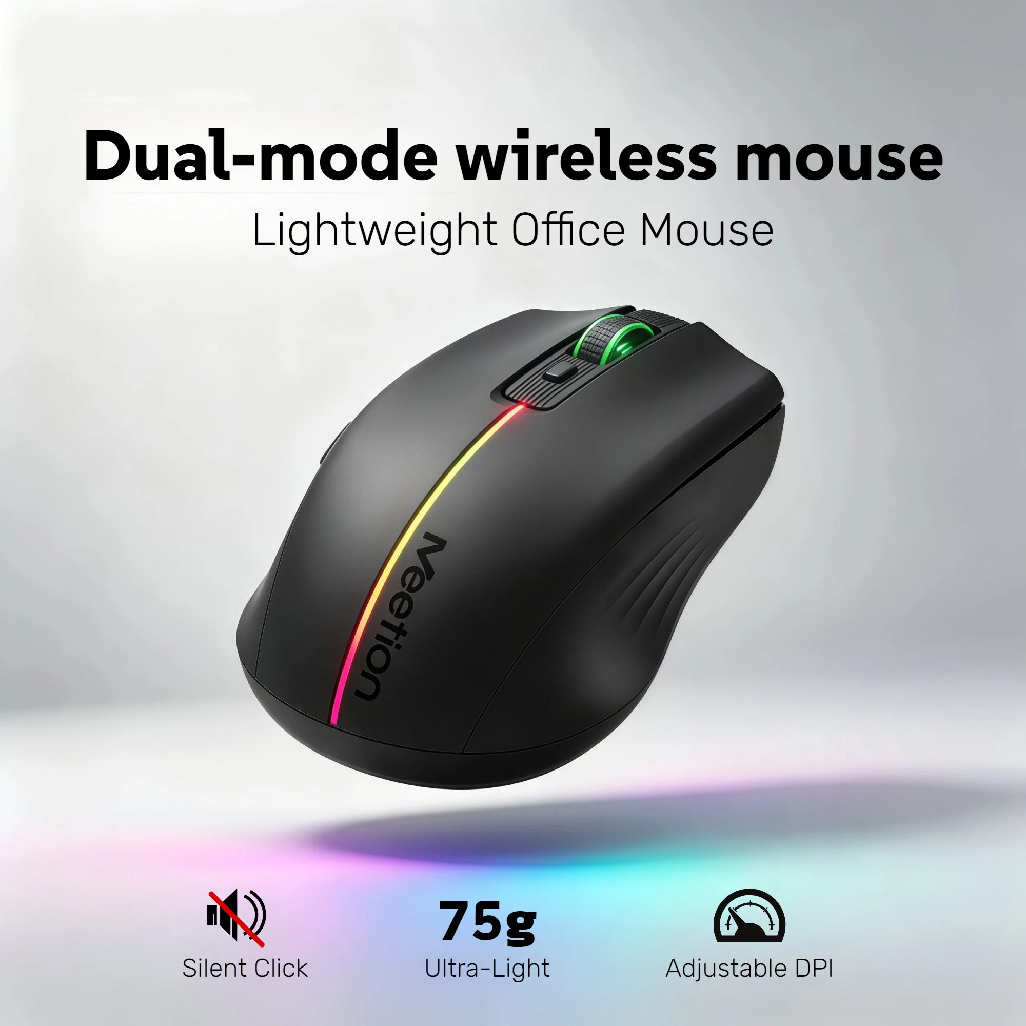 Ergonomic Mouse 2.4G Silent Click - เมาส์ไร้สาย RGB รองรับทั้ง 2.4G และบลูทูธ, ปุ่มกดเงียบ