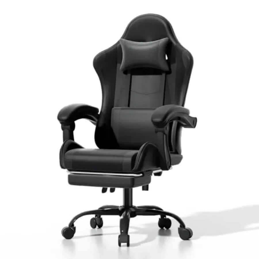 Ergonomic Footrest Adjustable - เก้าอี้เกมมิ่งตามหลักสรีรศาสตร์ พร้อมที่พักเท้า เหมาะสำหรับใช้ในบ้านหรือสำนักงาน พนักพิงตาข่ายและเบาะนั่งหนัง PU สีดำ