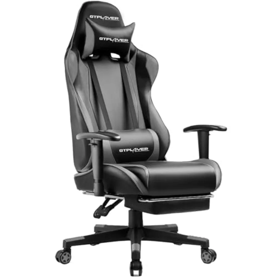 Ergonomic Footrest Adjustable - เก้าอี้เกมมิ่งพร้อมที่พักเท้า สำหรับใช้ในบ้านและสำนักงาน เก้าอี้หนัง PU สีเทา ออกแบบตามหลักสรีรศาสตร์