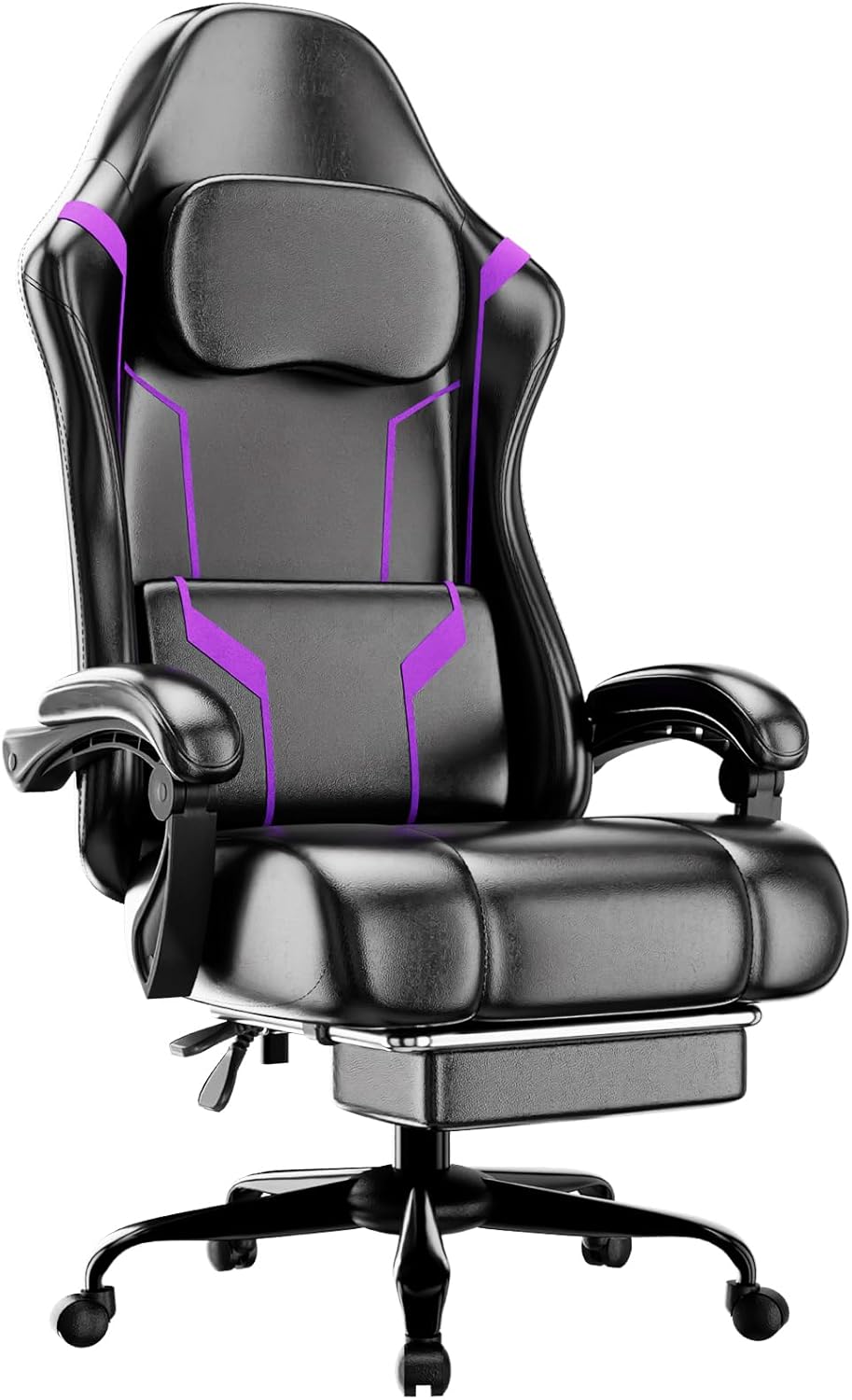 Ergonomic Footrest Adjustable - เก้าอี้เล่นเกมตามหลักสรีรศาสตร์พร้อมเบาะพ็อกเก็ตสปริงและที่วางเท้า เก้าอี้คอมพิวเตอร์แบบหมุนปรับความสูงได้สำหรับโฮมออฟฟิศ สีม่วง