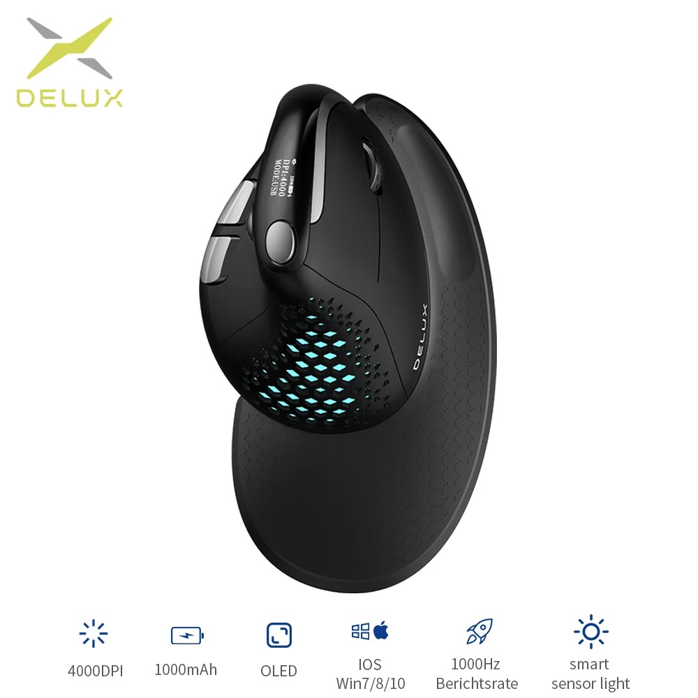 Vertical Mouse Left Handed - Delux M618XSD Seeker Ergonomic แนวตั้งเมาส์หน้าจอ OLED