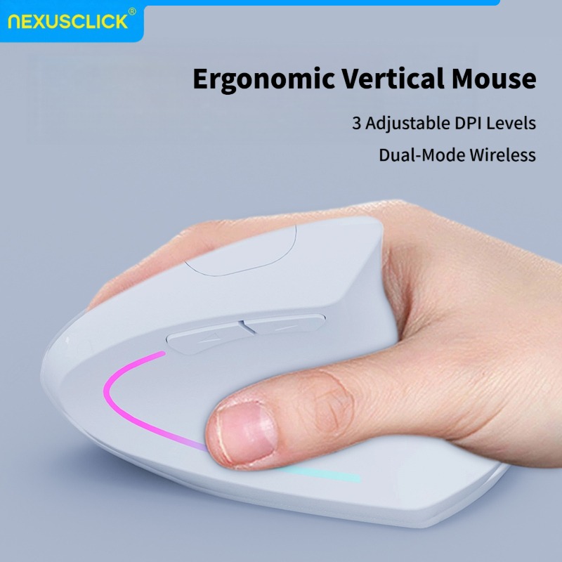 Vertical Mouse Rechargeable Bluetooth - เน็กซัสคลิกเมาส์ไร้สายตามหลักสรีรศาสตร์แนวตั้ง,บลูทูธ 2.4G โหมดคู่แบบชาร์จได้/แบตเตอรี่ AA,ปุ่มปิดเสียงไฟ RGB เมาส์สำนักงาน