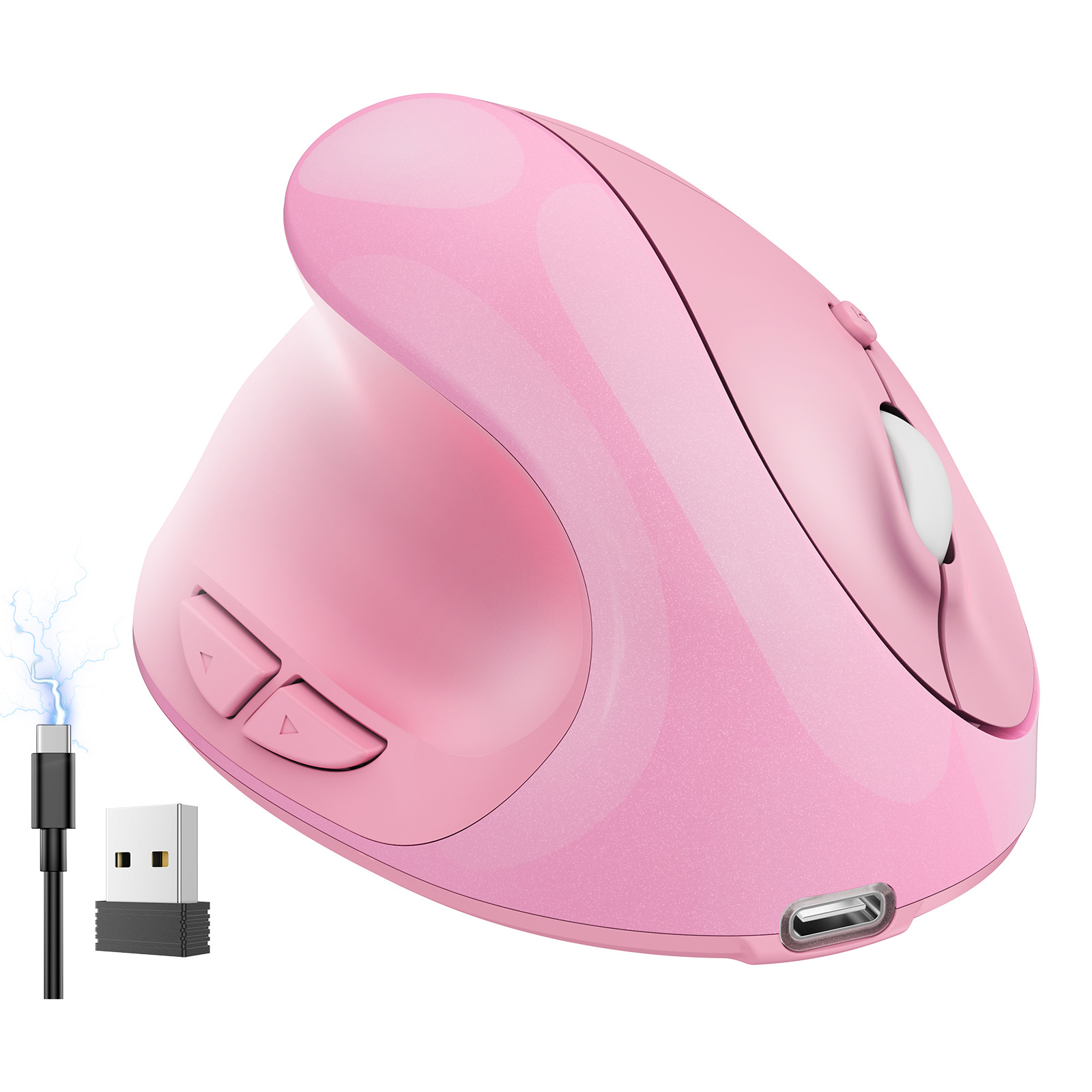 Vertical Mouse Left Handed - เมาส์ไร้สายสีชมพู Silent 2.4G แบบชาร์จได้ สำหรับคนถนัดซ้าย รูปทรงตามหลักสรีรศาสตร์