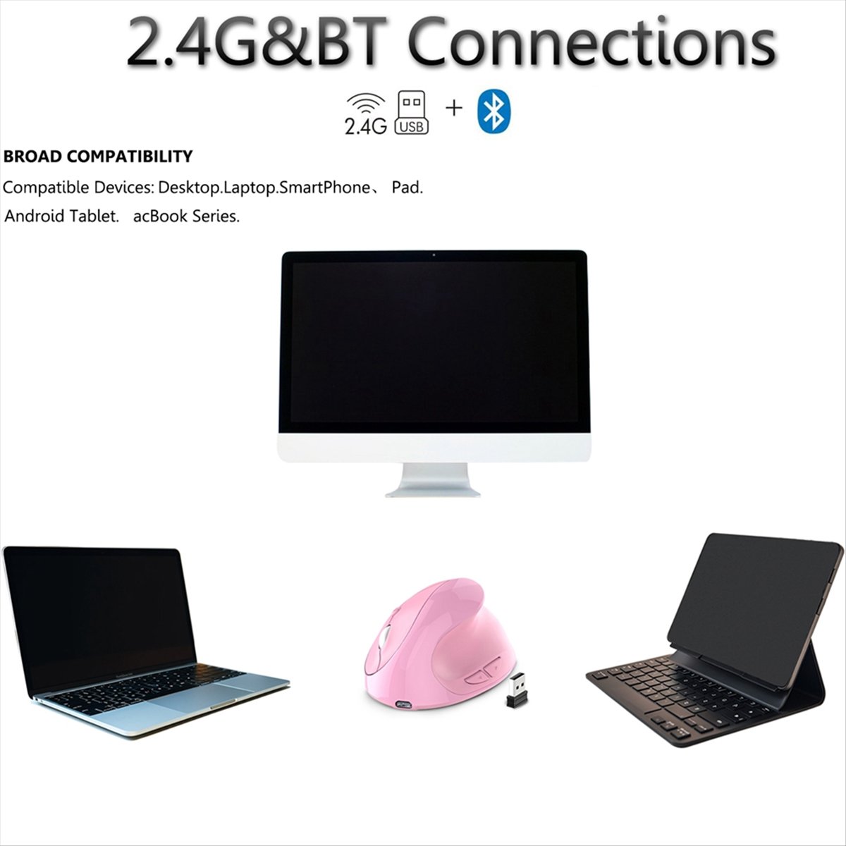 Vertical Mouse Rechargeable Bluetooth - เหมาะสำหรับเมาส์ไร้สายแบบชาร์จได้สองโหมด USB 2.4G + บลูทูธ เมาส์แนวตั้งตามหลักสรีรศาสตร์สำหรับคอมพิวเตอร์และโน้ตบุ๊ก